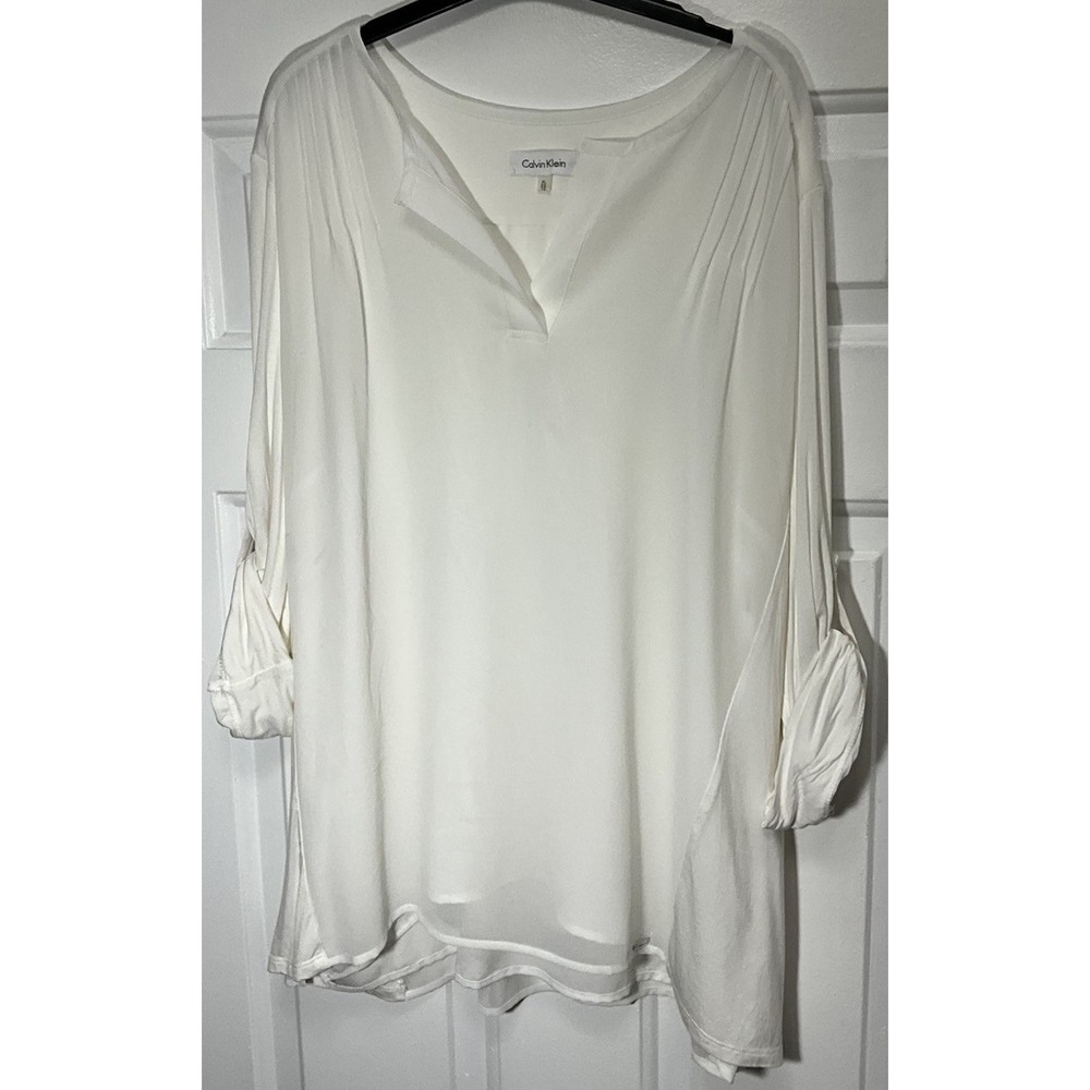 Calvin Klein Ivory V-neck Roll Tab 3/4 Sleeve Business/Casual Blouse Women's XL